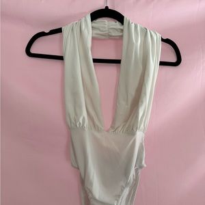 White scoop neck halter top bodysuit